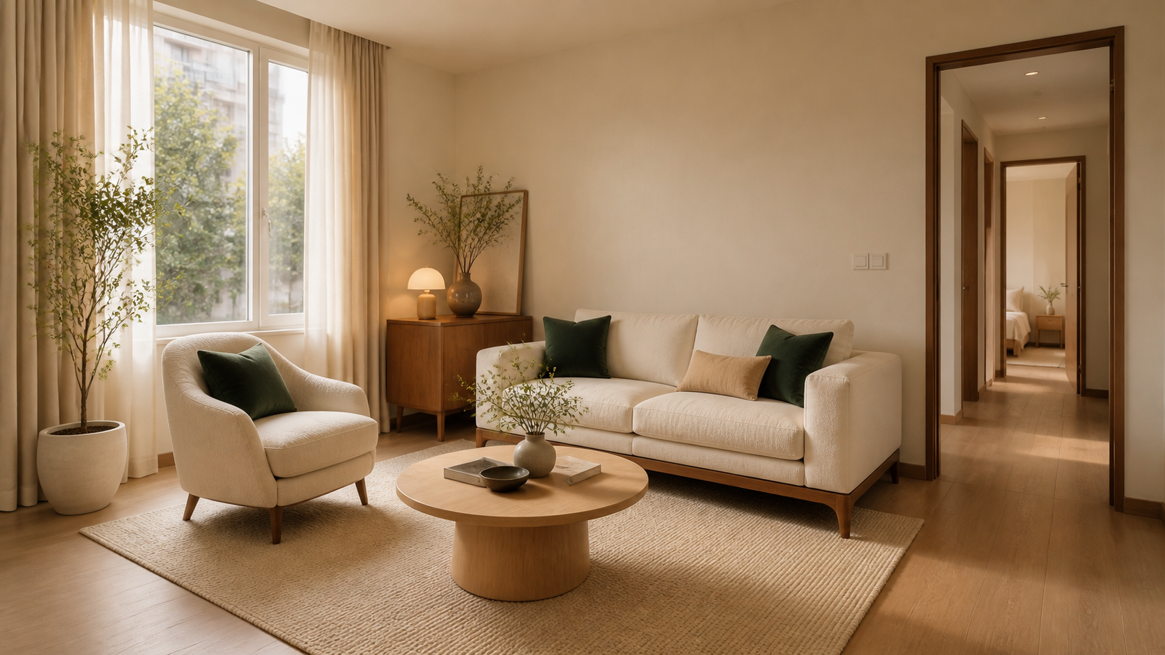 Bố trí sofa cho phòng khách nhỏ với bàn tròn và lối đi thông thoáng
