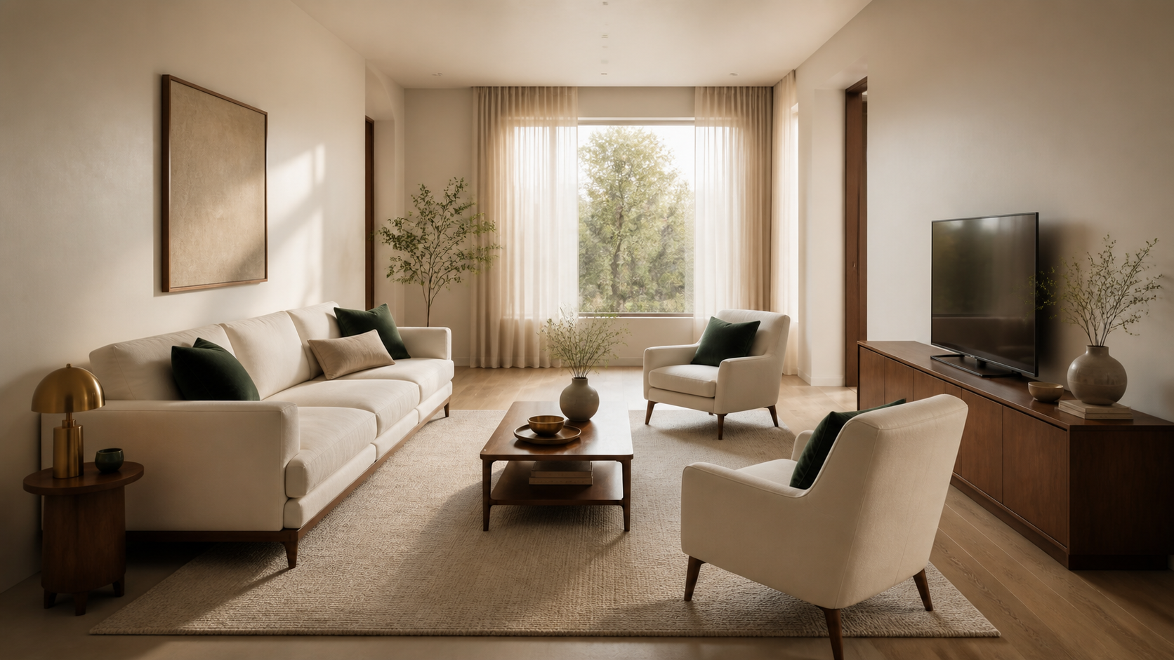 Bố trí sofa và hai ghế đơn cân đối trong phòng khách dài