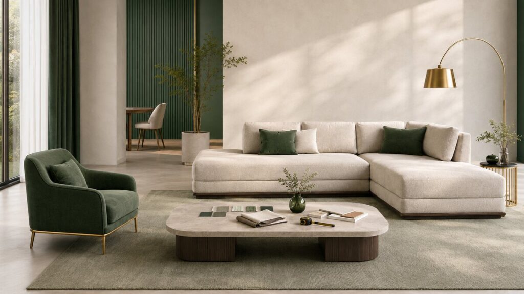 Phòng khách hiện đại với sofa được lựa chọn theo diện tích và nhu cầu sử dụng