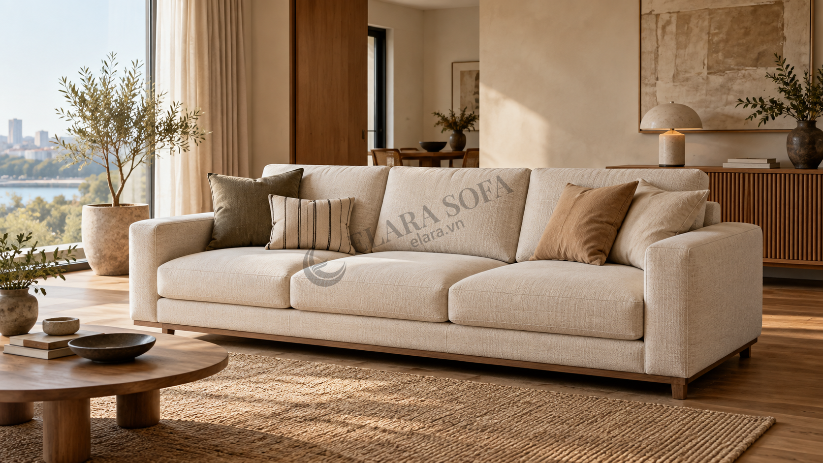 Ảnh minh họa sofa băng ba chỗ bọc vải màu kem trong phòng khách, thấy rõ toàn bộ chiều dài và hai tay vịn