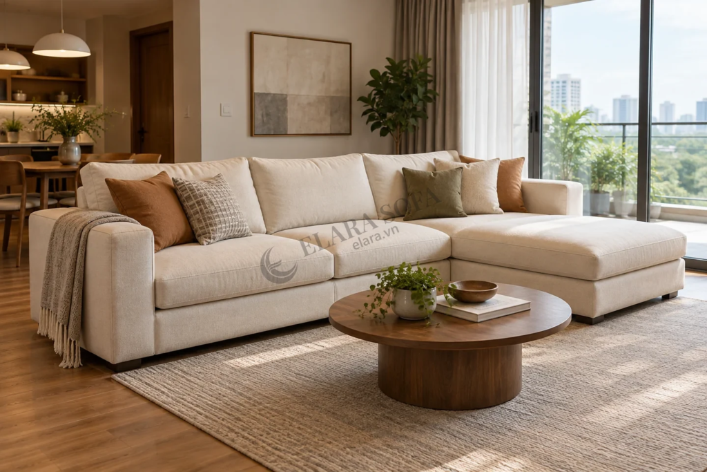 Sofa chữ L màu kem trong phòng khách, với cạnh dài và nhánh góc vươn về phía trước