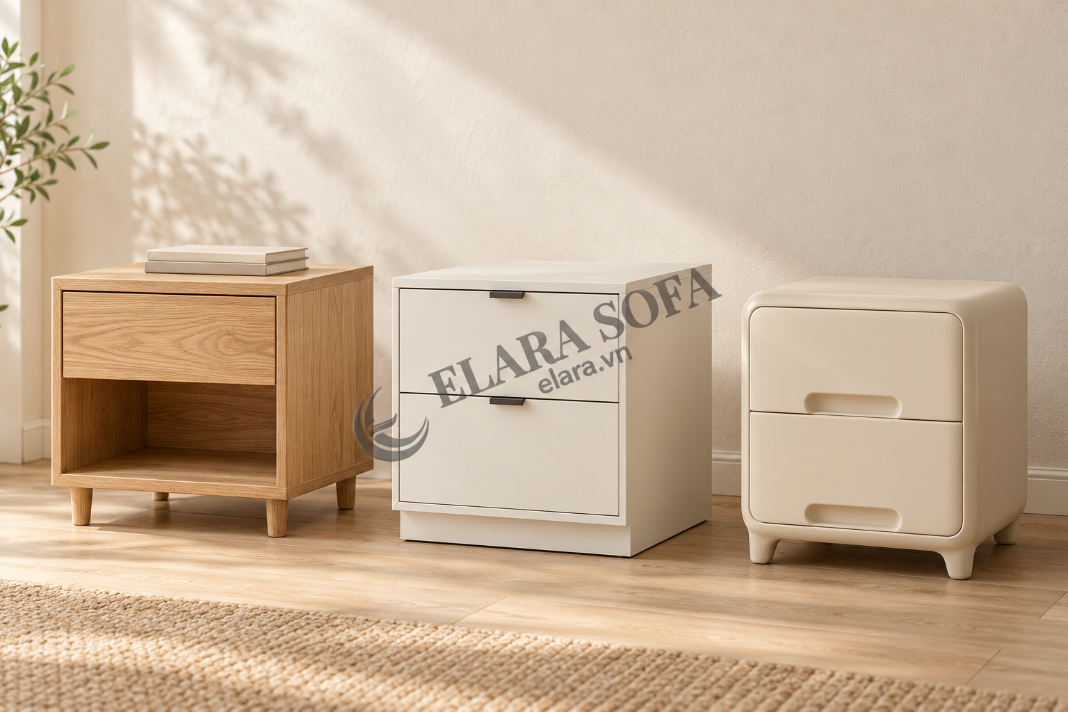Ba kiểu tủ đầu giường minh họa đặt cạnh nhau, gồm tủ vân gỗ, tủ mặt phẳng màu trắng và tủ nhựa màu kem bo góc