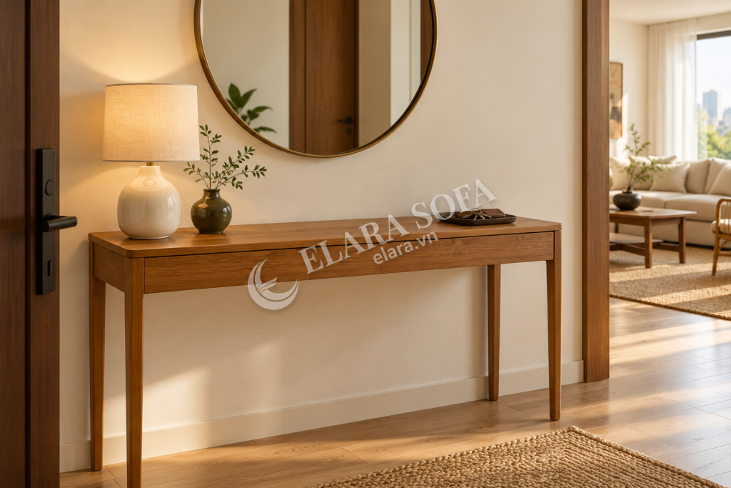 Ảnh minh họa bàn console ở sảnh với gương tròn, đèn bàn, bình nhỏ và khay chìa khóa, phần giữa mặt bàn để thoáng