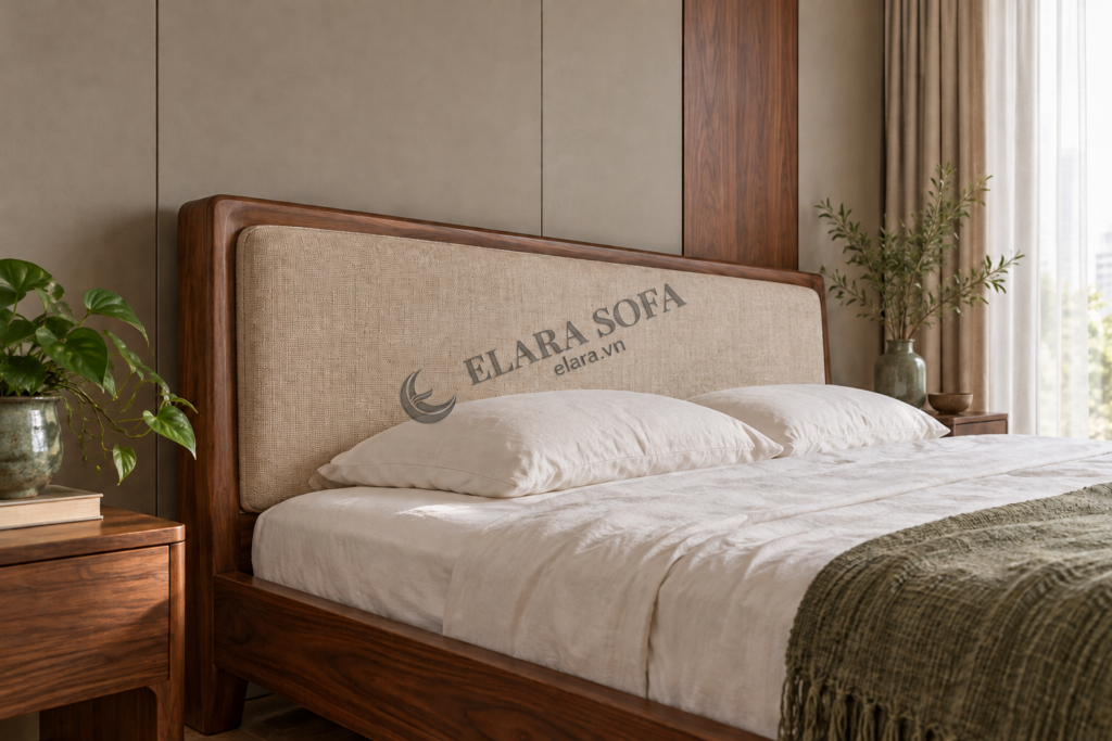 Giường gỗ có đầu bọc đệm màu be đặt phía trước một mảng tường trang trí rộng hơn giường