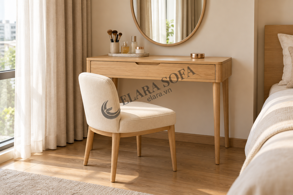 Ghế tựa thấp trước bàn trang điểm có ngăn kéo giữa, gương và khoảng trống cạnh giường