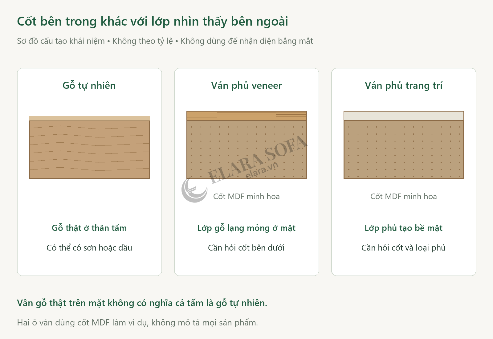 Sơ đồ phân biệt tấm gỗ tự nhiên, ván phủ veneer và ván phủ trang trí, cho thấy bề mặt vân gỗ không xác định được cốt bên trong