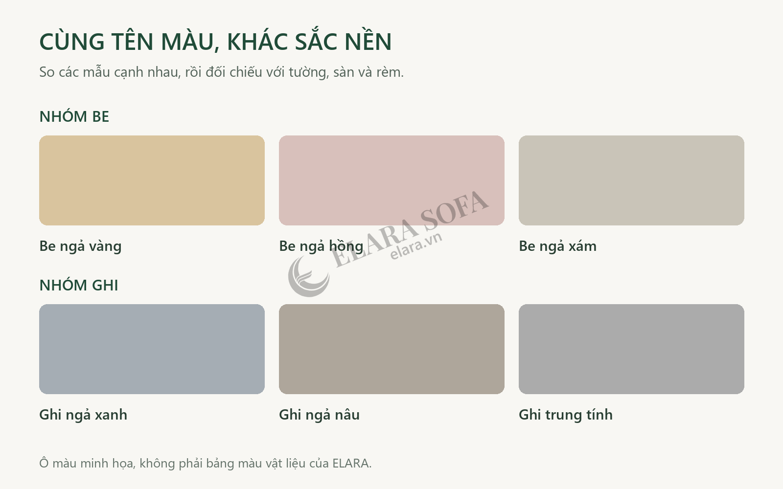 Sơ đồ ba sắc be ngả vàng, hồng, xám và ba sắc ghi ngả xanh, nâu, trung tính