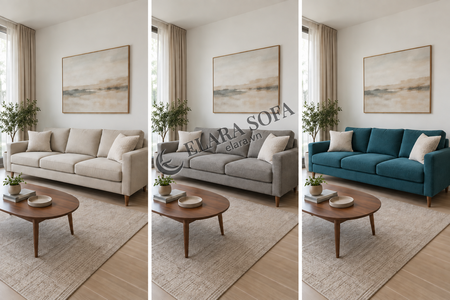 So sánh sofa màu be, ghi và xanh cổ vịt trong cùng cách bố trí phòng khách có tường trắng và rèm kem