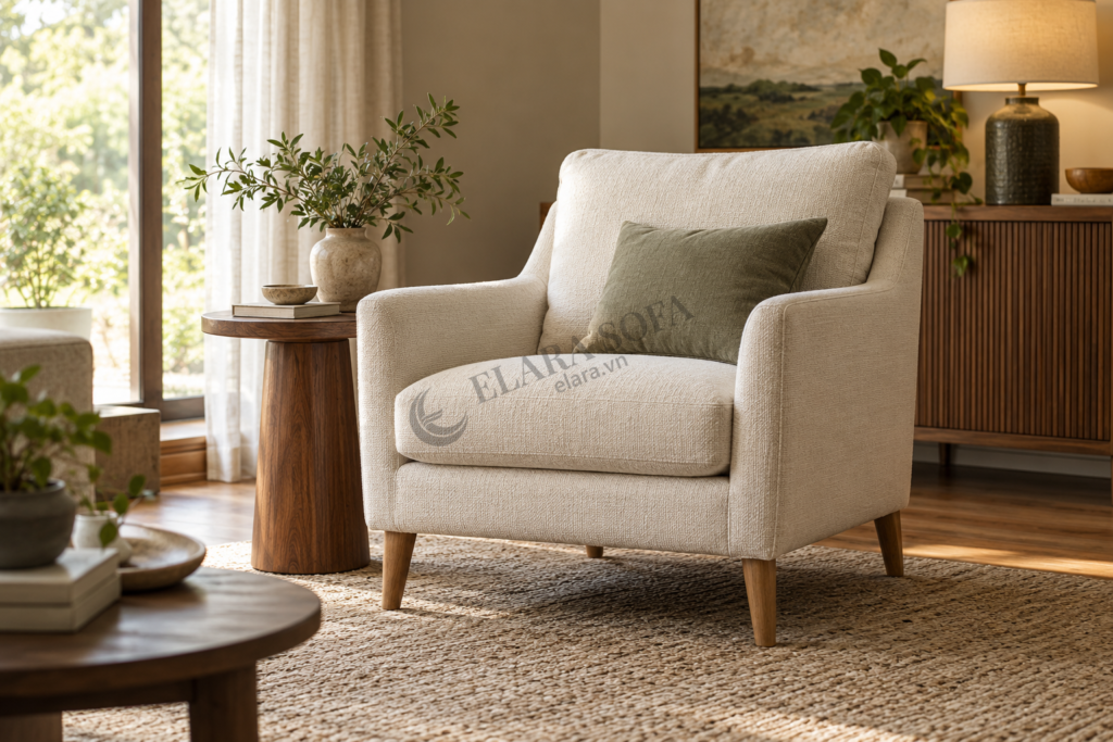 Ghế armchair một chỗ bọc vải màu kem trong góc phòng khách, thấy rõ tay vịn và phần ngồi