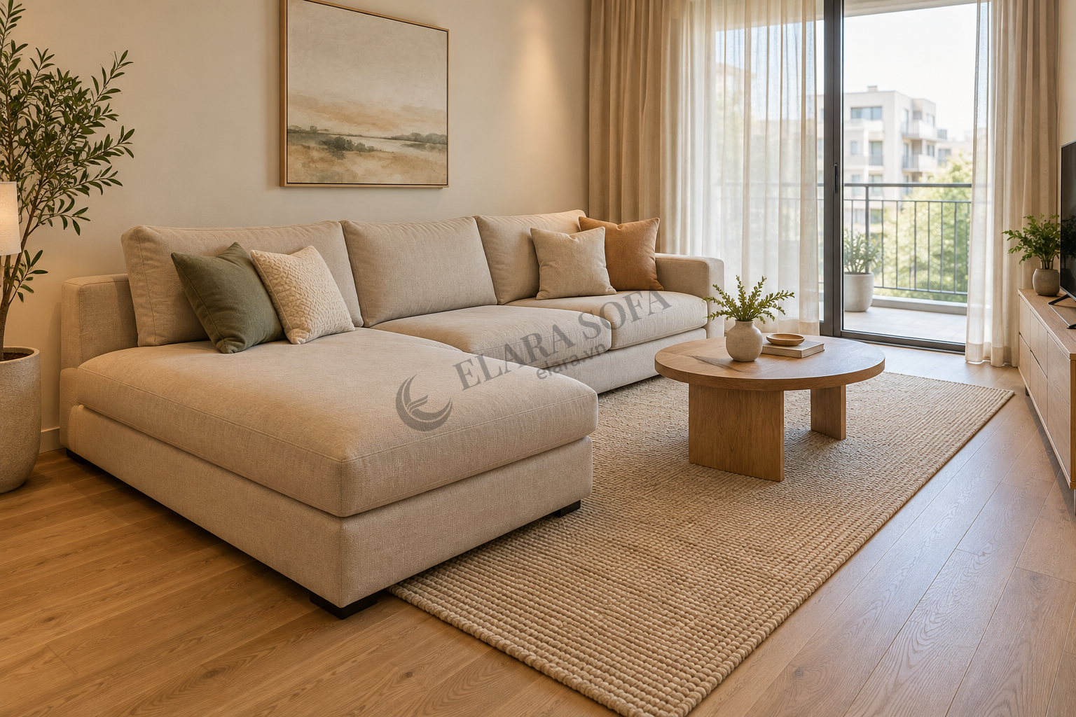 Sofa chữ L có phần duỗi chân bên trái khi nhìn từ phía trước, đường đi nằm phía còn lại