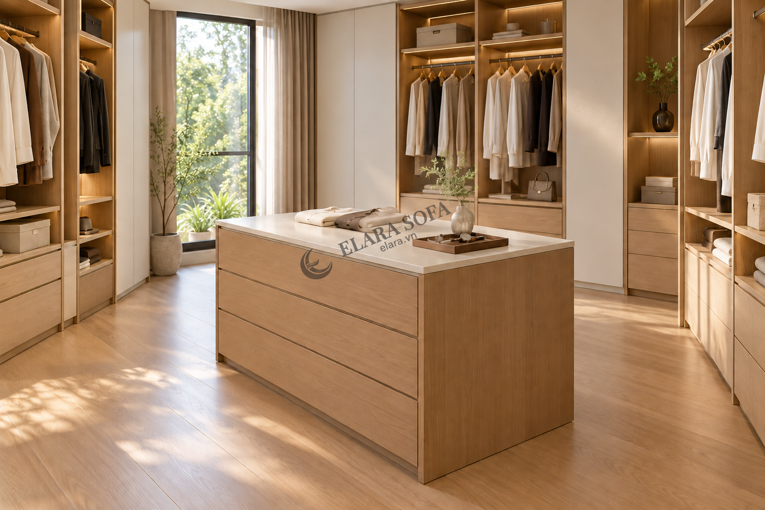 Tủ đảo ngăn kéo bằng gỗ ở giữa phòng thay đồ, có lối đi hai bên và hệ tủ quần áo xung quanh