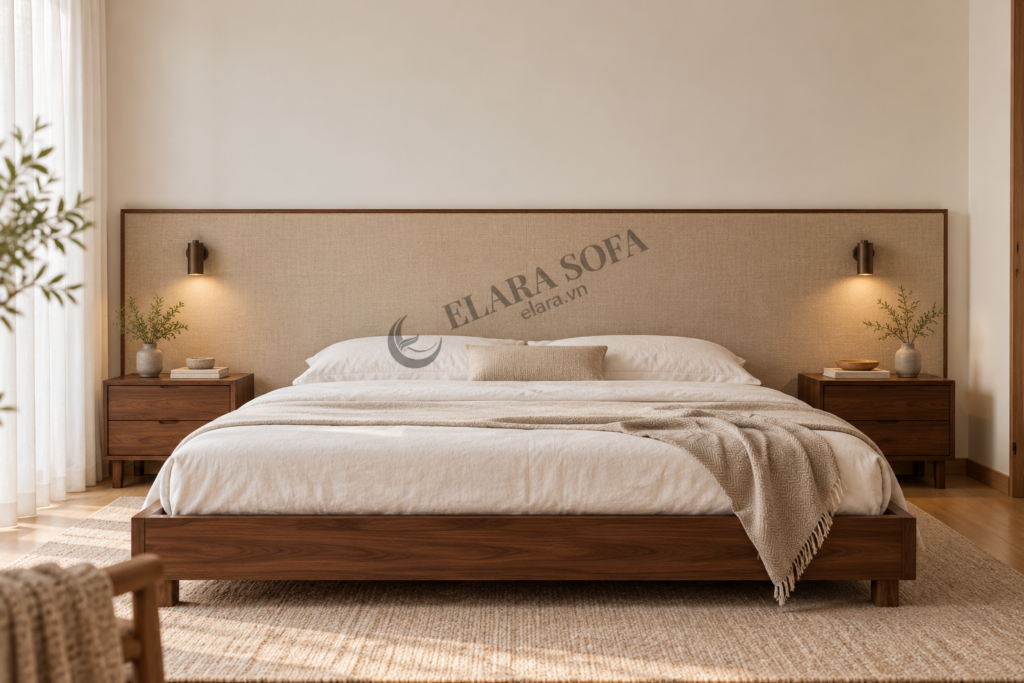 Vách đầu giường bọc vải màu be có viền gỗ, rộng qua hai bàn đầu giường và dừng dưới trần trong phòng ngủ